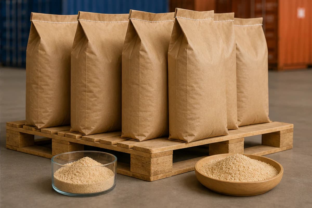 Generated export-ready wood flour bags on a pallet with material samples