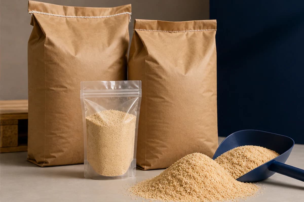 Generated wood flour bulk bags, sample pouch, material mound, and navy scoop