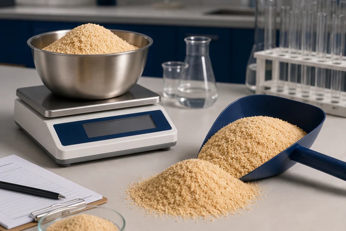 Generated wood flour product development workbench with scale and sample equipment