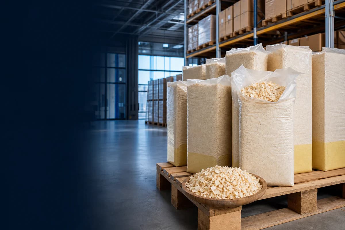 Generated wood shaving distribution warehouse with palletized bedding bags and a material sample