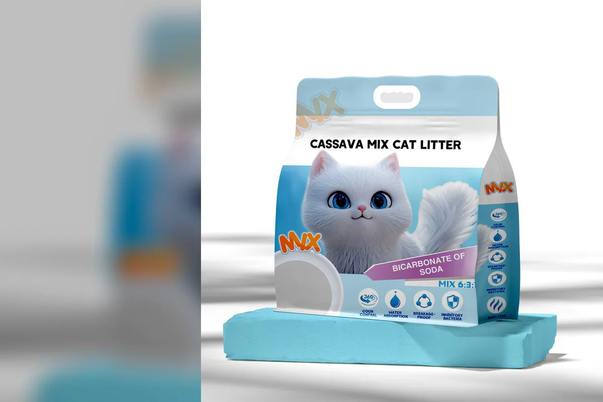Official Emily pets cassava mix cat litter package on a display tray