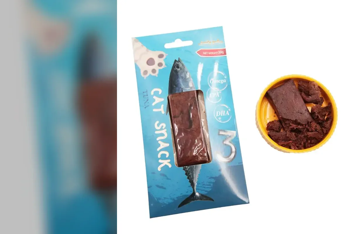 Official Emily pets cat snack package with dried meat pieces