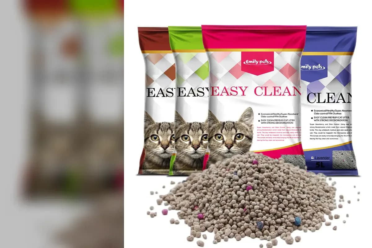Official Emily pets Easy Clean bentonite cat litter packages in multiple fragrance variants