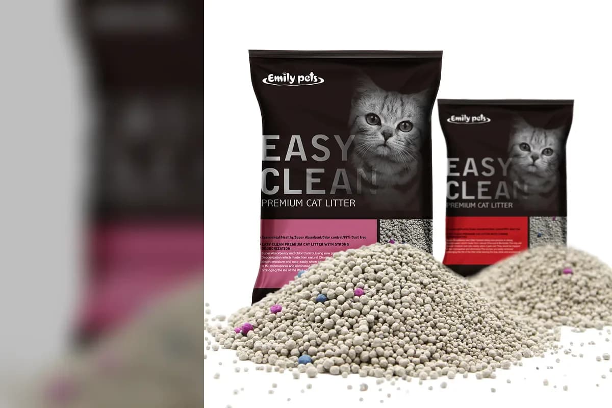Official Emily pets dust-free bentonite cat litter packages in rose and red variants