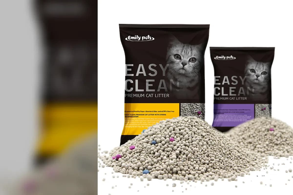 Official Emily pets dust-free bentonite cat litter packages in yellow and purple variants