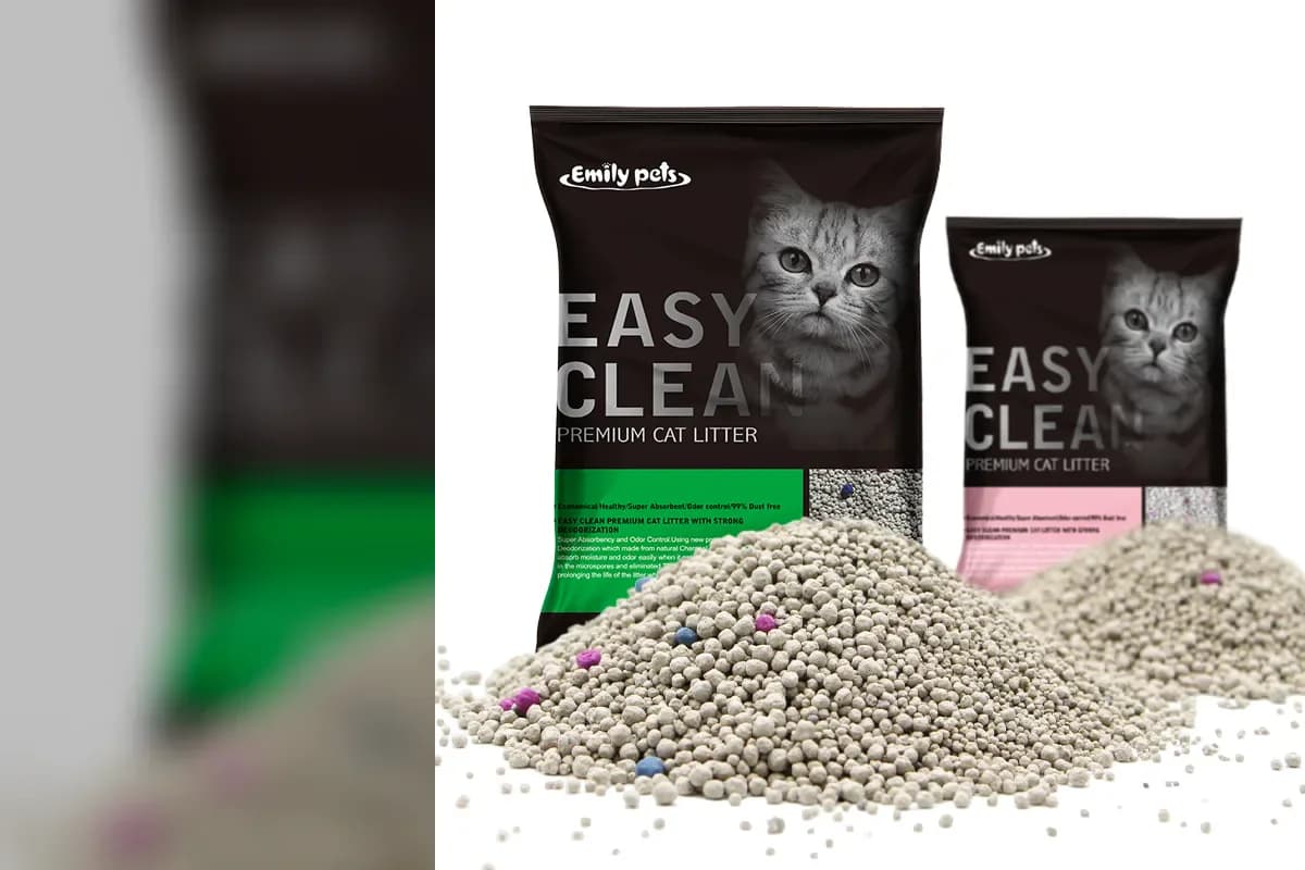 Official Emily pets dust-free bentonite cat litter packages in green and rose variants