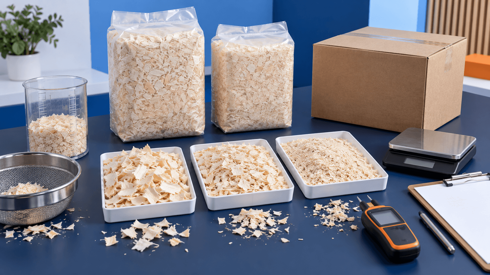 Aspen bedding samples with blank wholesale packs, a moisture meter, sieve, recovery container, scale, clipboard, and shipping carton