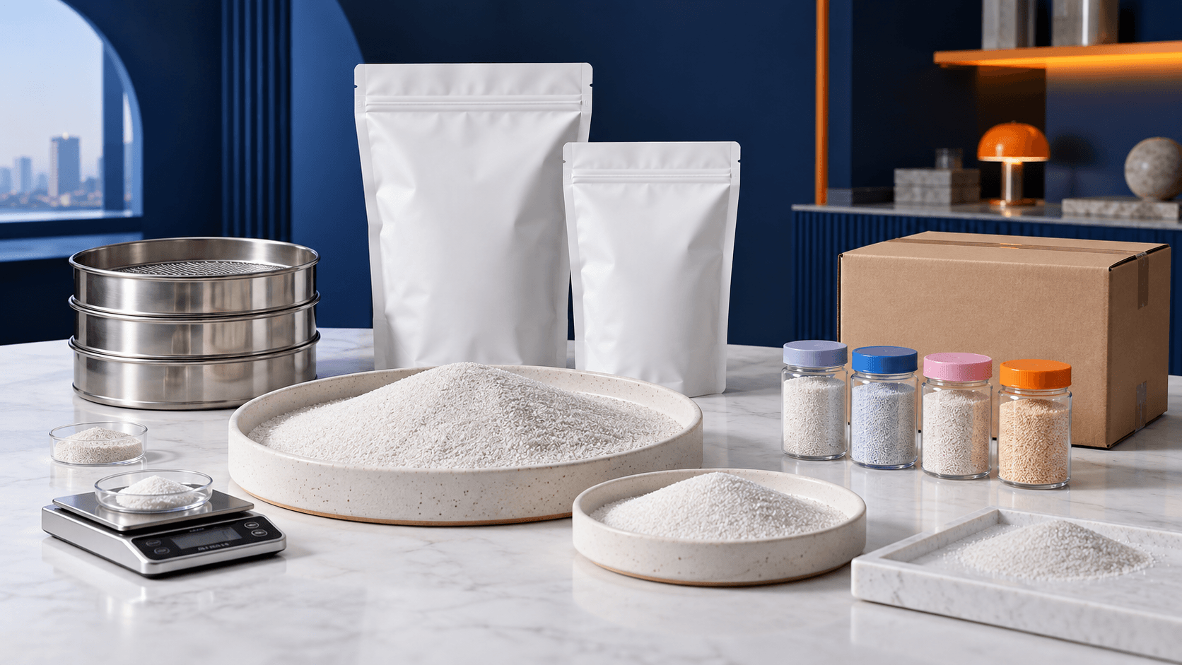 Private label bathing sand bags with quartz samples, mesh sieves, a scale, fragrance sample jars, and a shipping carton