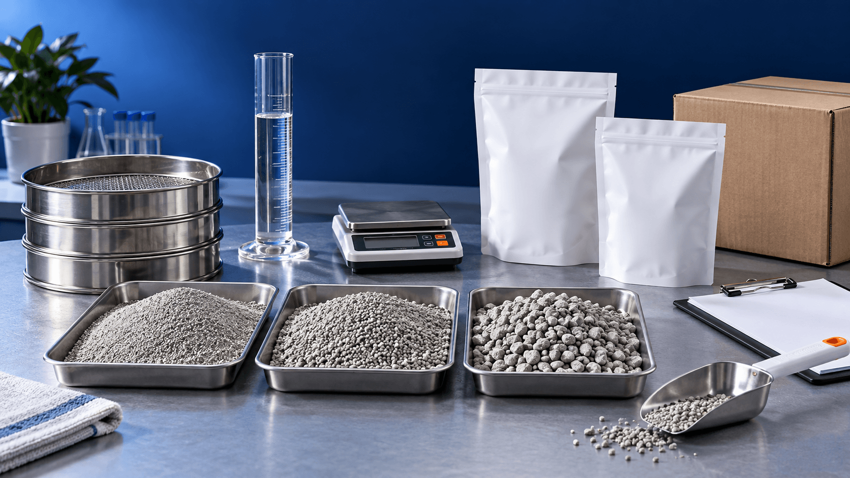Bentonite cat litter samples in three particle sizes with sieves, a graduated cylinder, scale, blank retail pouches, and shipping carton