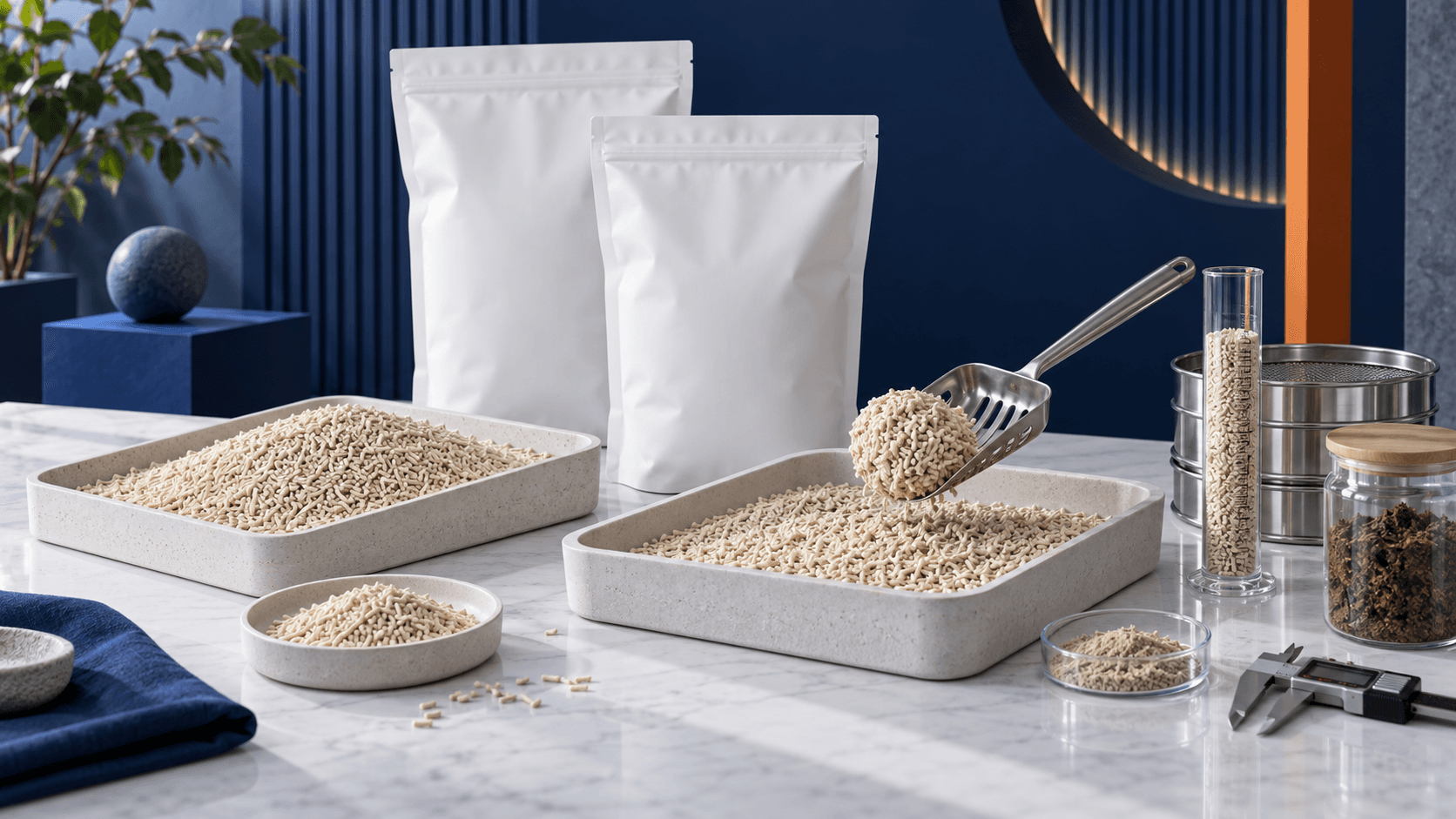 Private label cassava cat litter bags, granule samples, a formed clump, sieves, measuring tools, and a controlled degradation test jar
