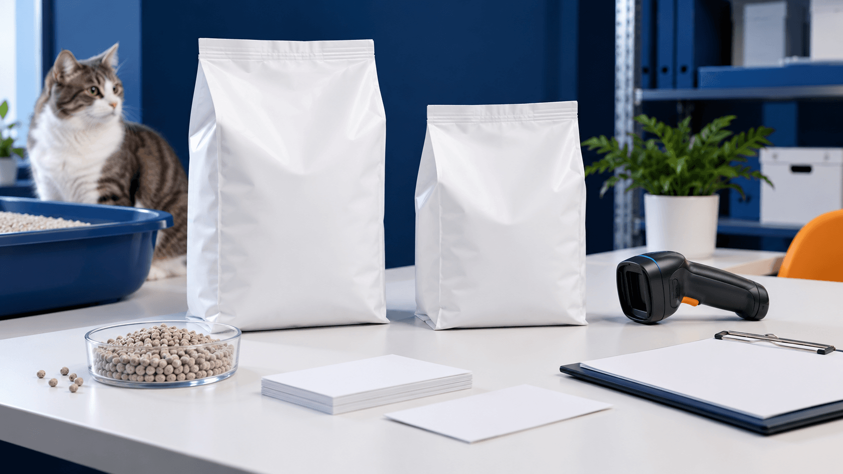 Two unbranded cat litter bags in different pack sizes beside a barcode scanner and blank SKU planning cards
