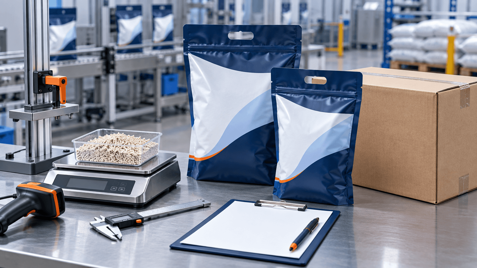 Unbranded cat litter pouches, tofu litter pellets, scale, barcode scanner, caliper, blank checklist, and shipping carton on a quality-control workbench
