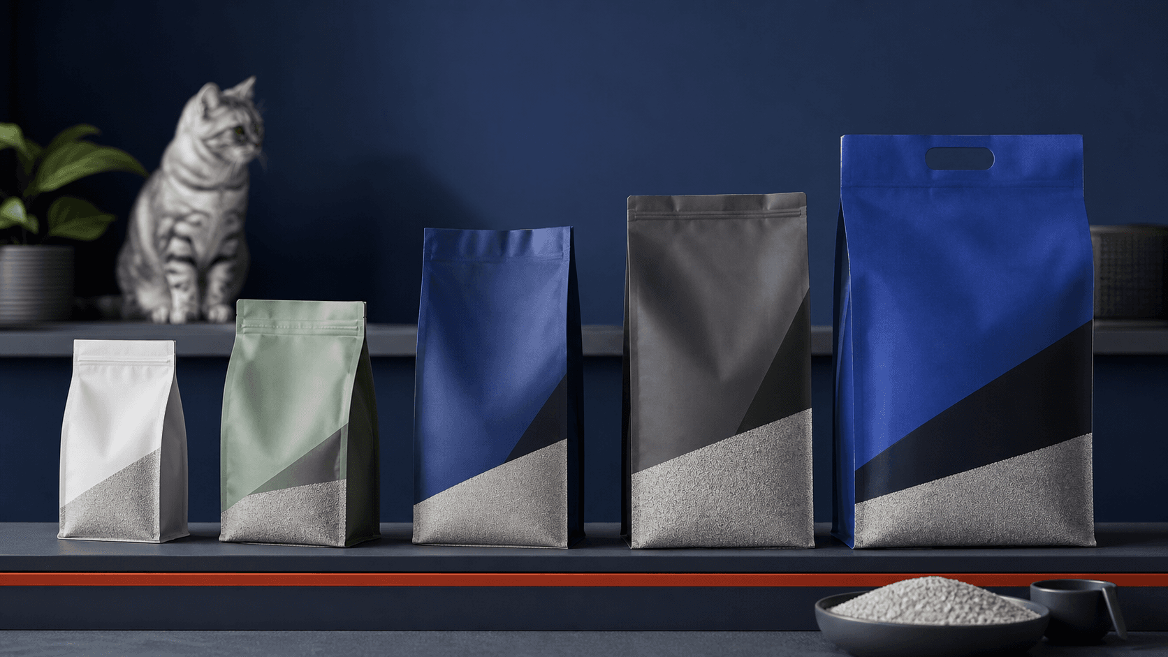 Unbranded cat litter packaging arranged as a retail product lineup