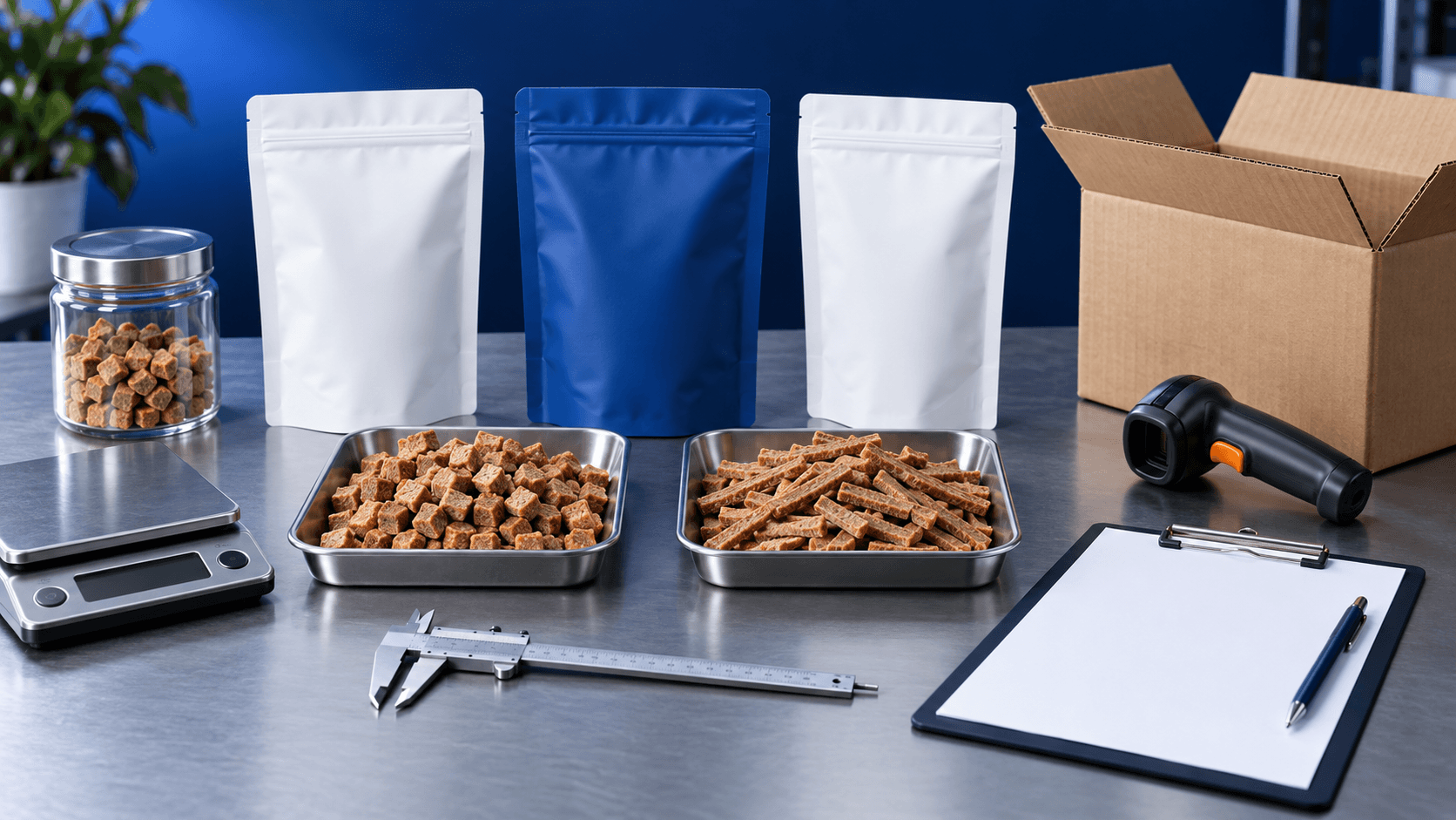 Illustrative cat snack samples with blank private-label pouches, a scale, caliper, barcode scanner, clipboard, and shipping carton
