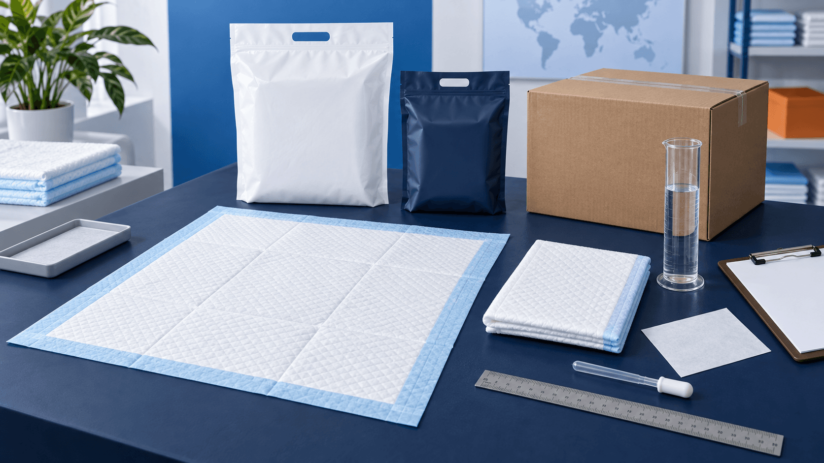 Unbranded dog pee pad samples with blank retail pouches, a shipping carton, graduated cylinder, blotting paper, dropper, ruler, and clipboard