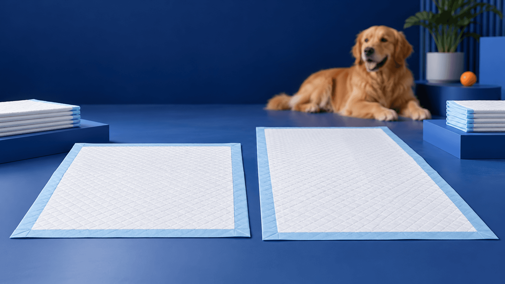 Square and rectangular white pet training pads arranged side by side on a deep-blue studio set, with a golden retriever softly out of focus