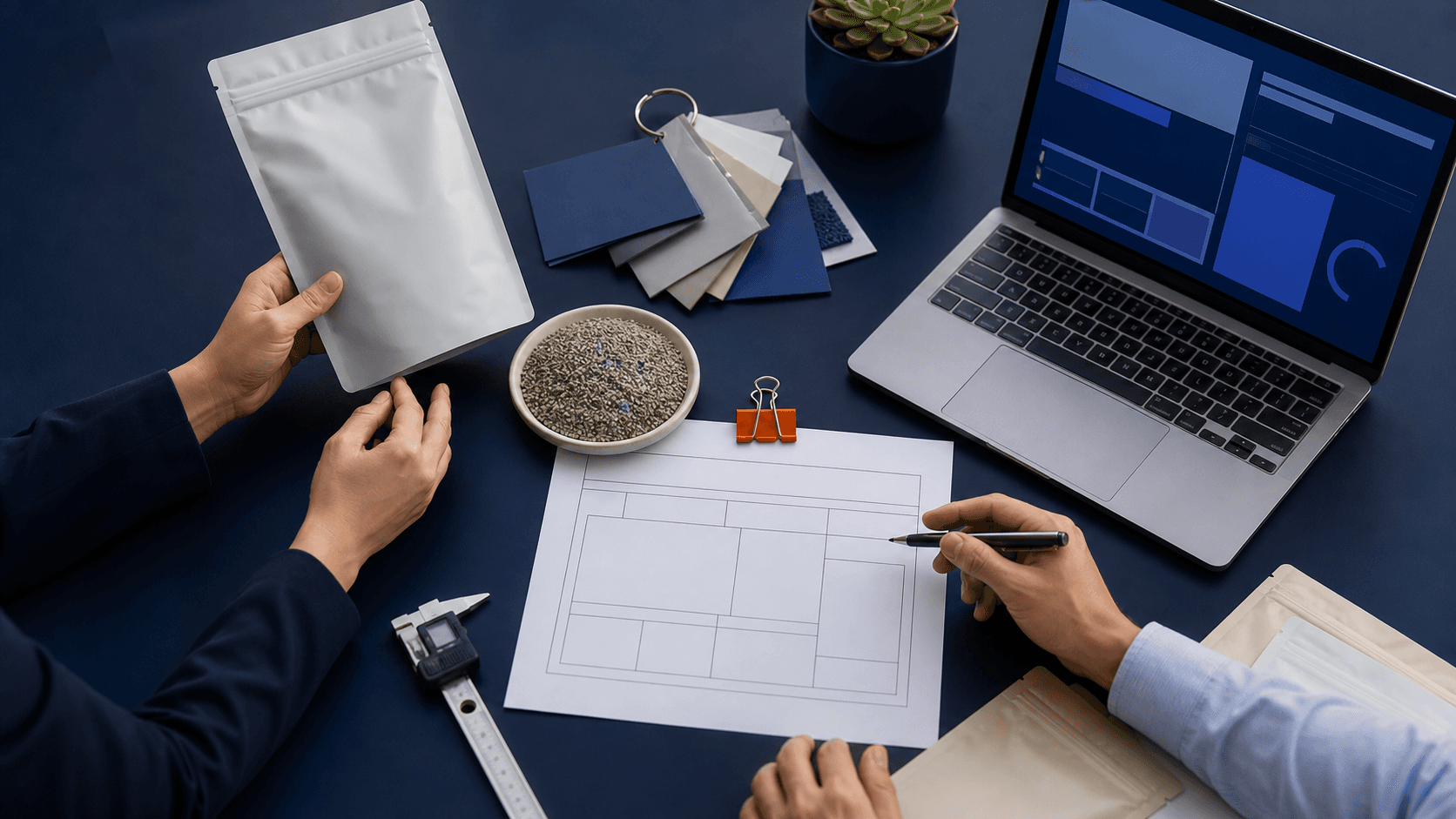 Buyer team organizing packaging samples and an export inquiry brief
