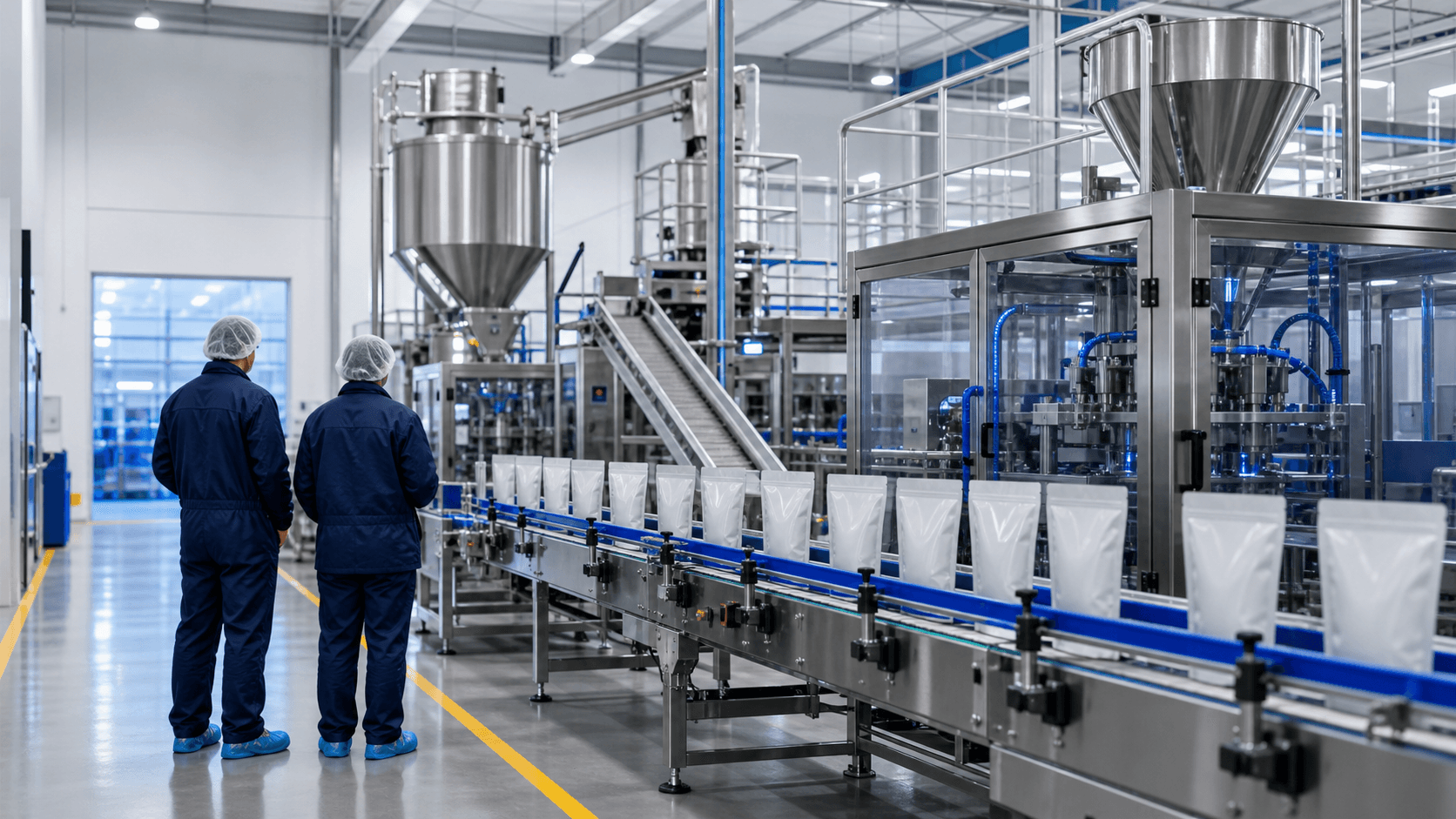 Conceptual clean pet product packaging line with two production staff
