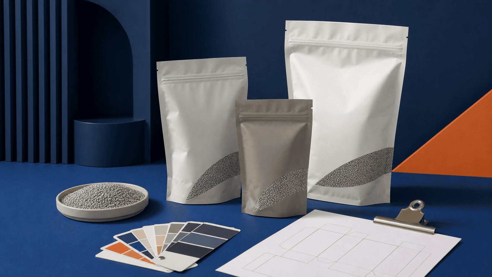 Unbranded bentonite cat litter pouches with packaging planning samples