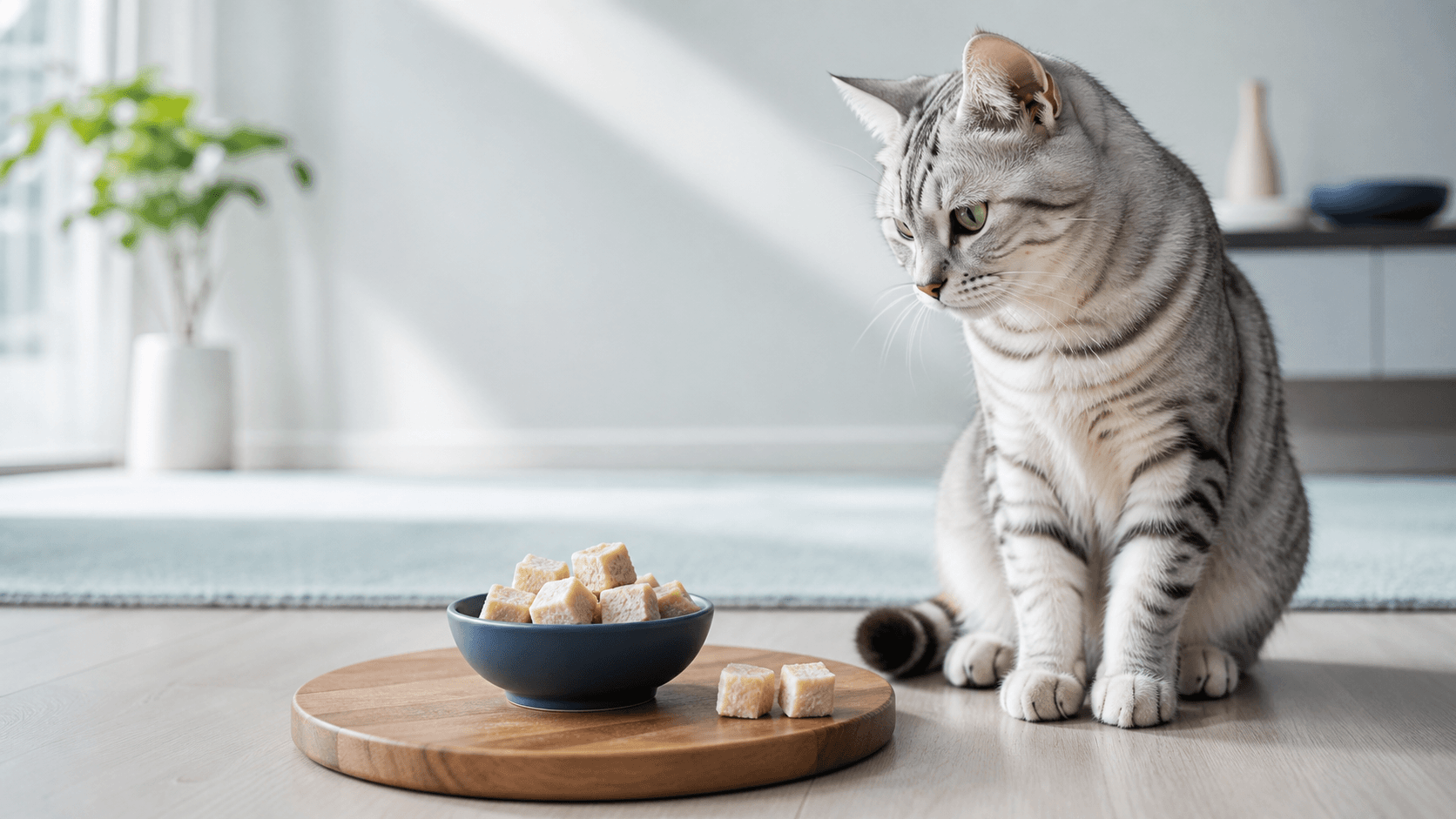 Silver tabby cat beside a ceramic bowl of bite-size dried fish treats in a bright modern home