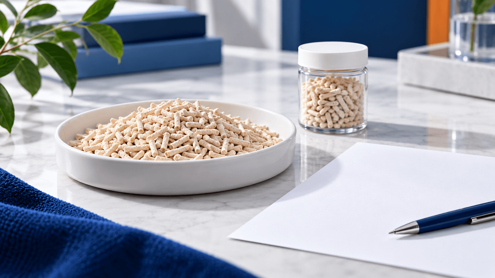Unbranded tofu cat litter sample and blank specification sheet arranged for a product-claim review