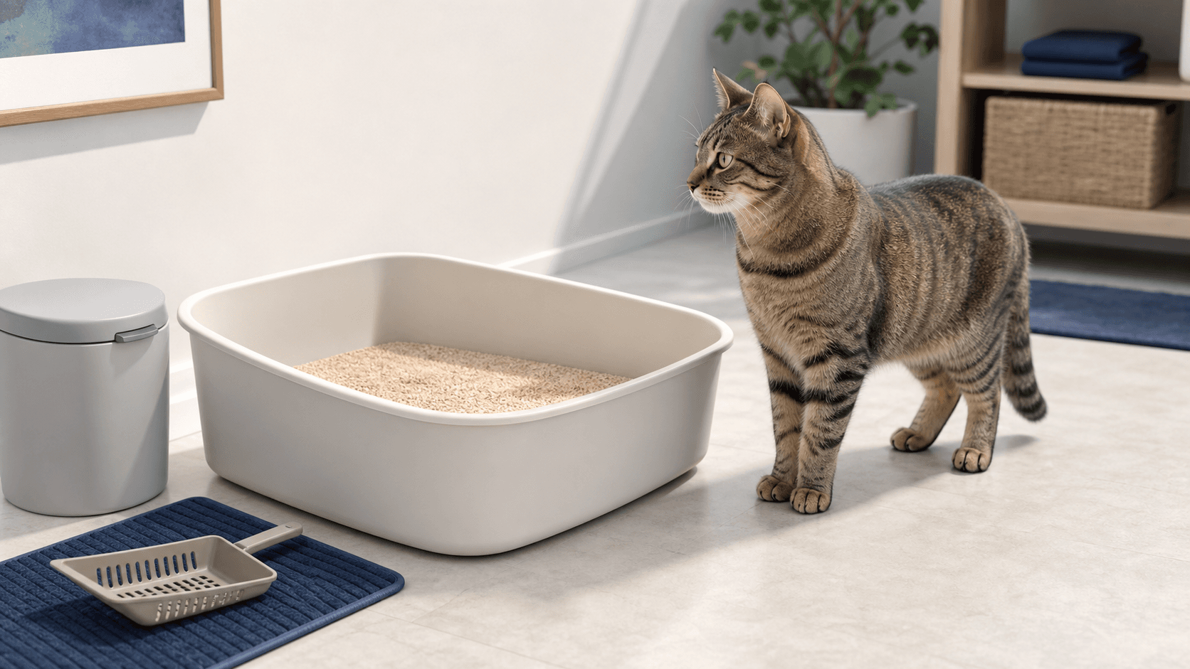 Tabby cat beside a clean open litter box filled with fresh cat litter in a bright modern home