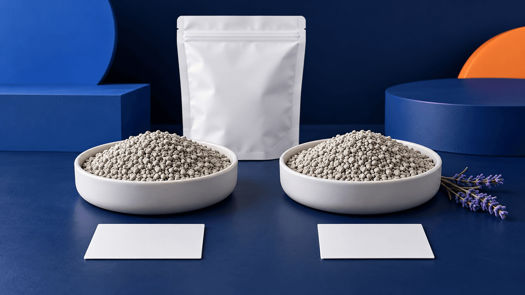 Conceptual comparison of two identical bentonite litter samples with blank sample cards and a lavender sprig beside one tray