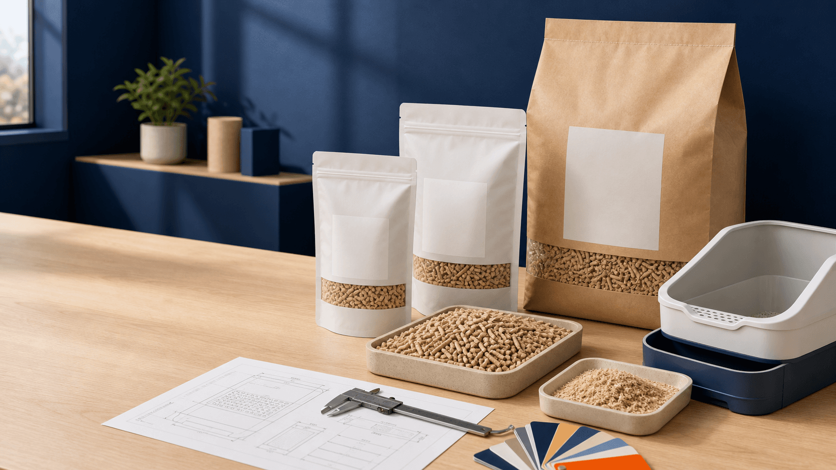Private label pine cat litter bags, pellet and sawdust samples, a double-layer litter box, and a technical specification sheet