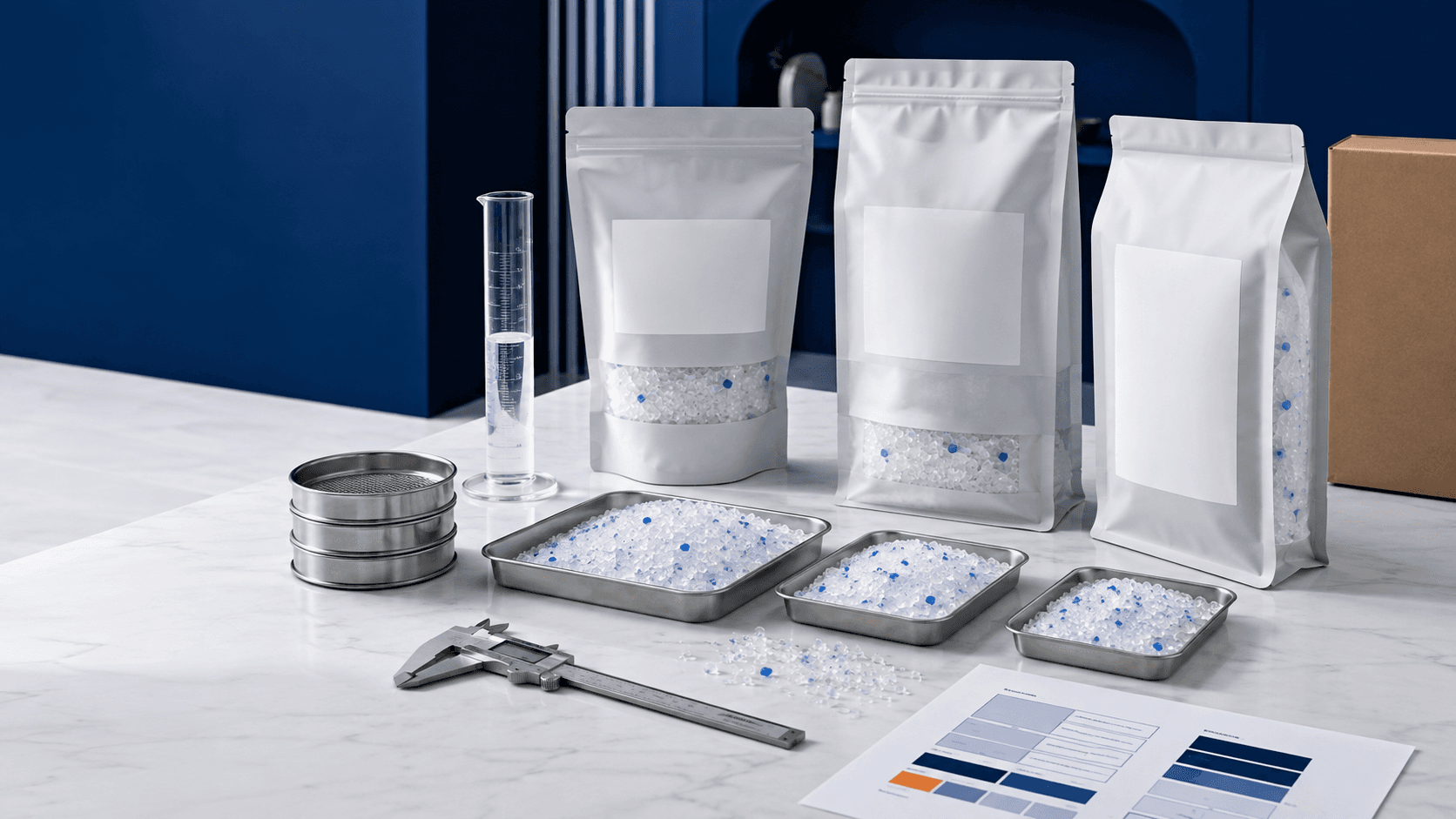 Private label silica gel cat litter bags, crystal samples, sieves, a density cylinder, and a technical specification sheet