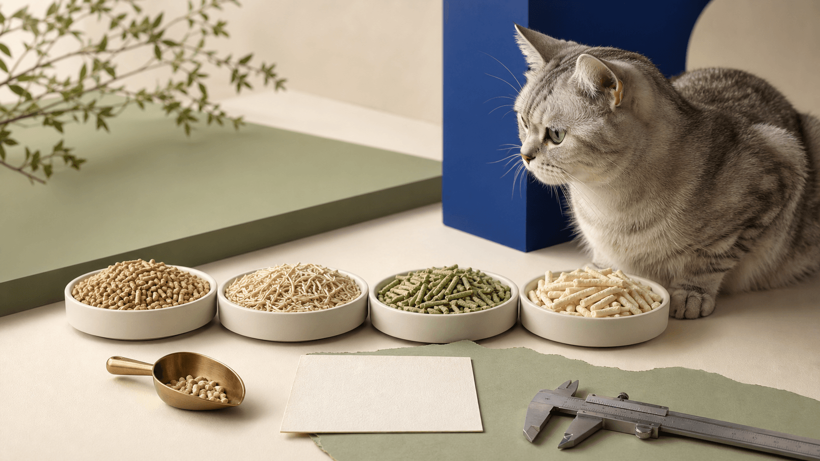 Gray cat beside a comparison of tofu cat litter samples