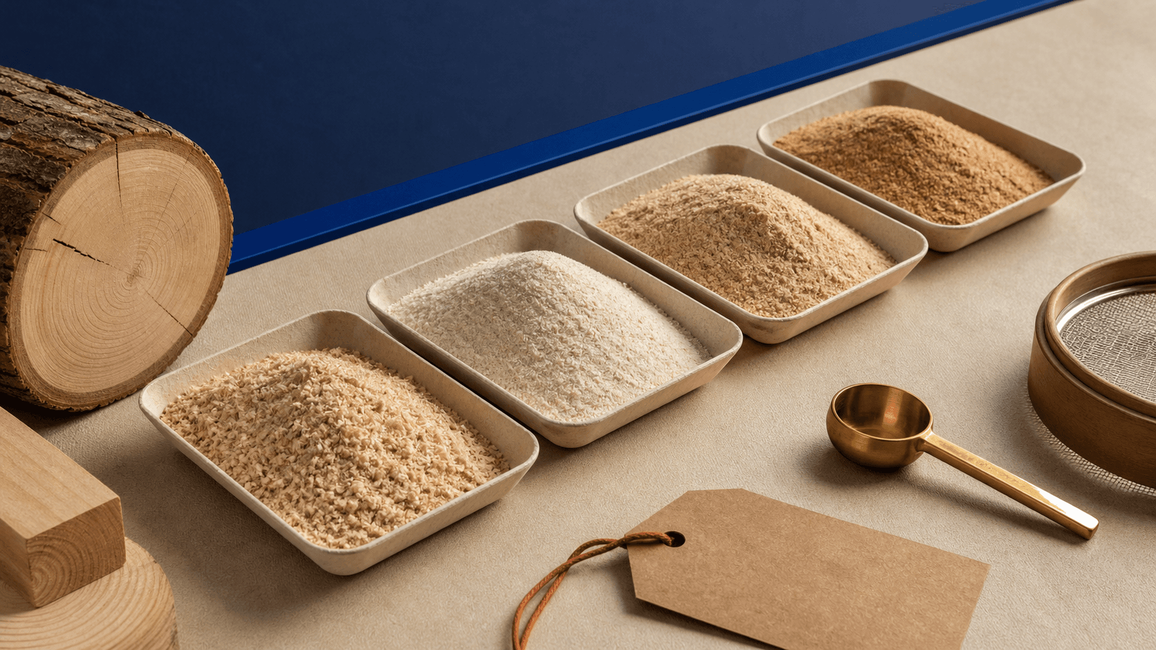 Wood flour samples in different textures beside timber sections