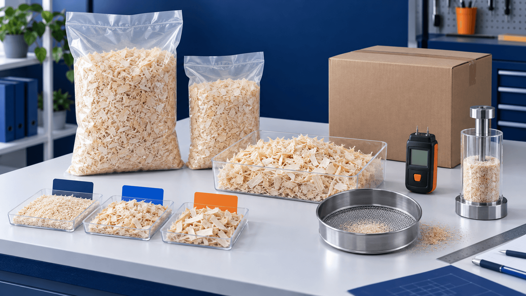 Private label wood shaving bags with particle-size samples, a moisture meter, sieve, compression test cylinder, and shipping carton