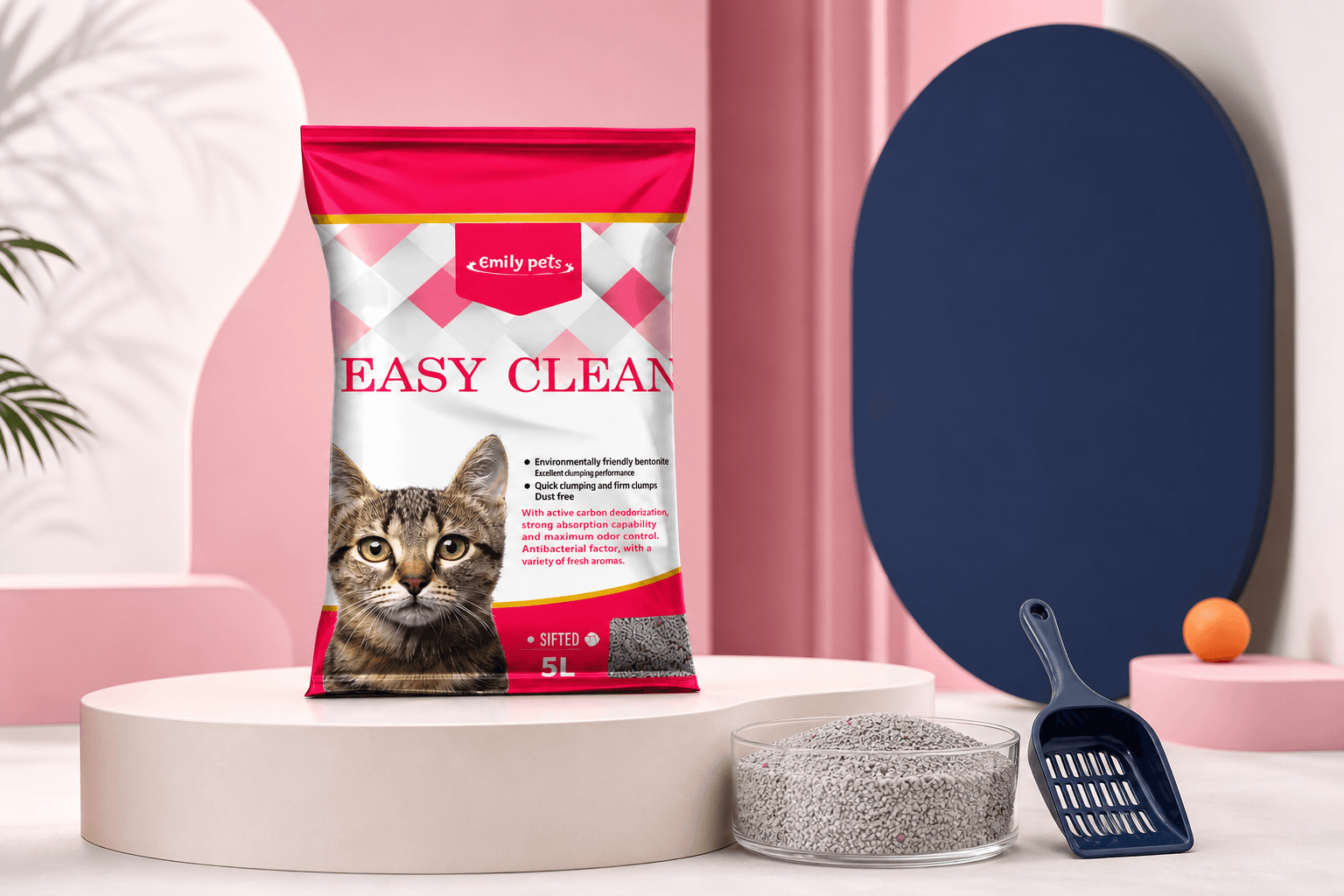 Easy Clean 5L bentonite cat litter bag on a bright blush studio set with a granule sample