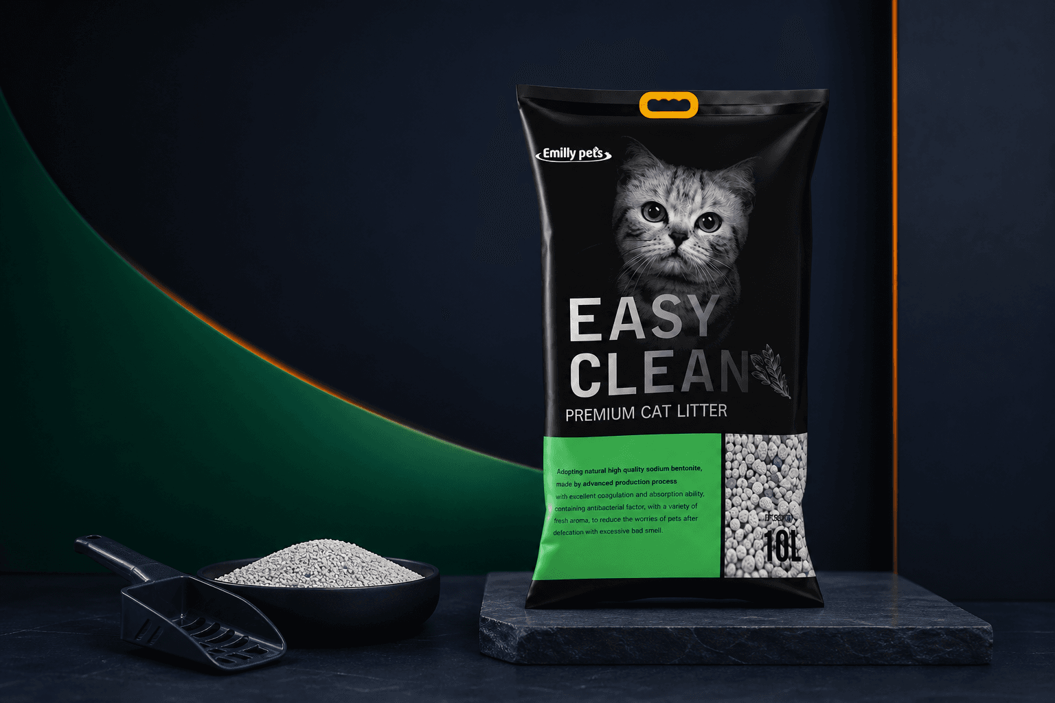 Easy Clean Premium 10L bentonite cat litter bag on a dark navy studio set with a granule sample