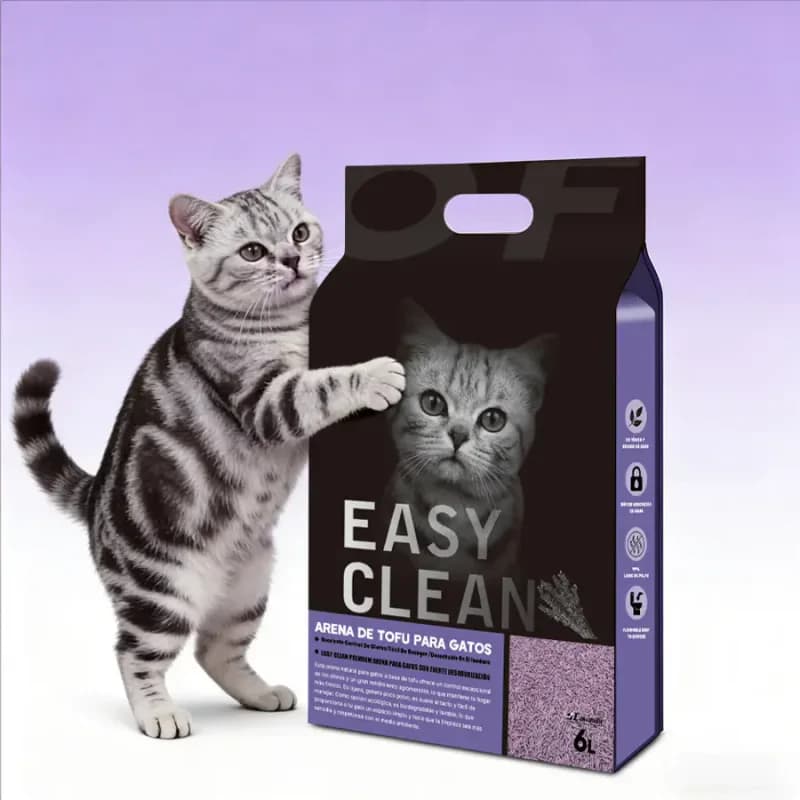 Easy Clean tofu cat litter retail package beside a silver tabby cat