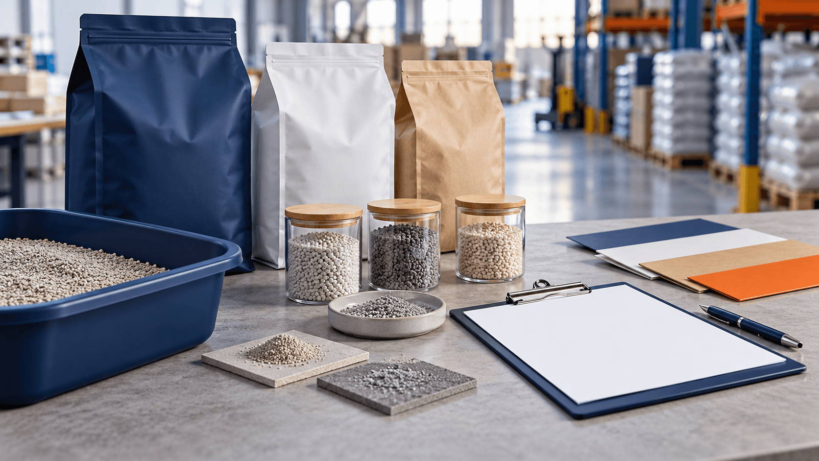Unbranded cat litter samples, packaging swatches, and a blank approval clipboard on a deep blue worktable