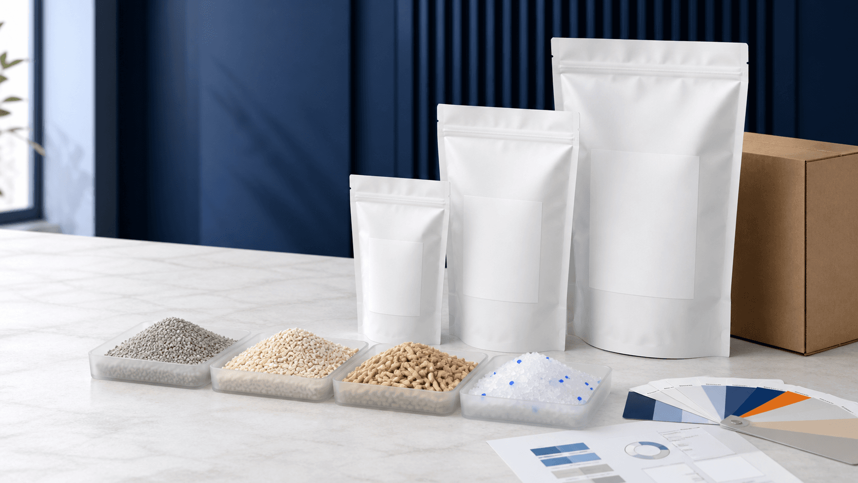 Private label cat litter packaging samples, litter granules, and a buyer specification sheet in a clean product development studio