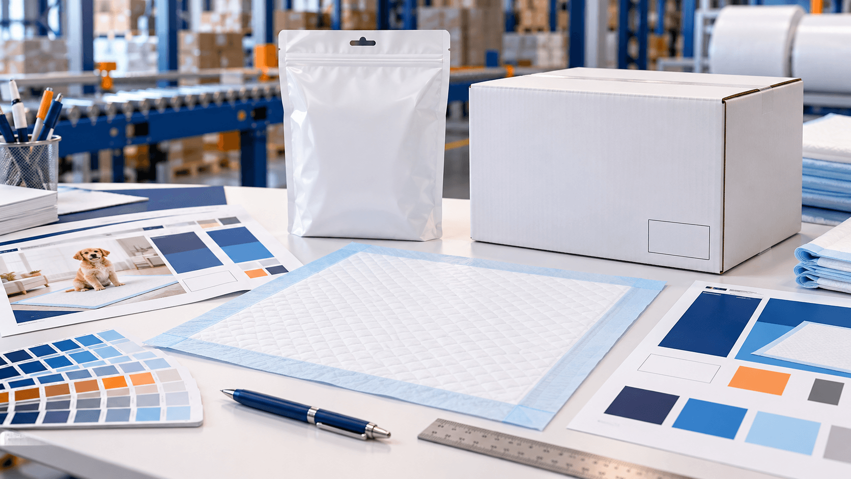 Blank dog training pad pouch and carton with unprinted artwork proofs, color swatches, and a pad sample on a clean worktable