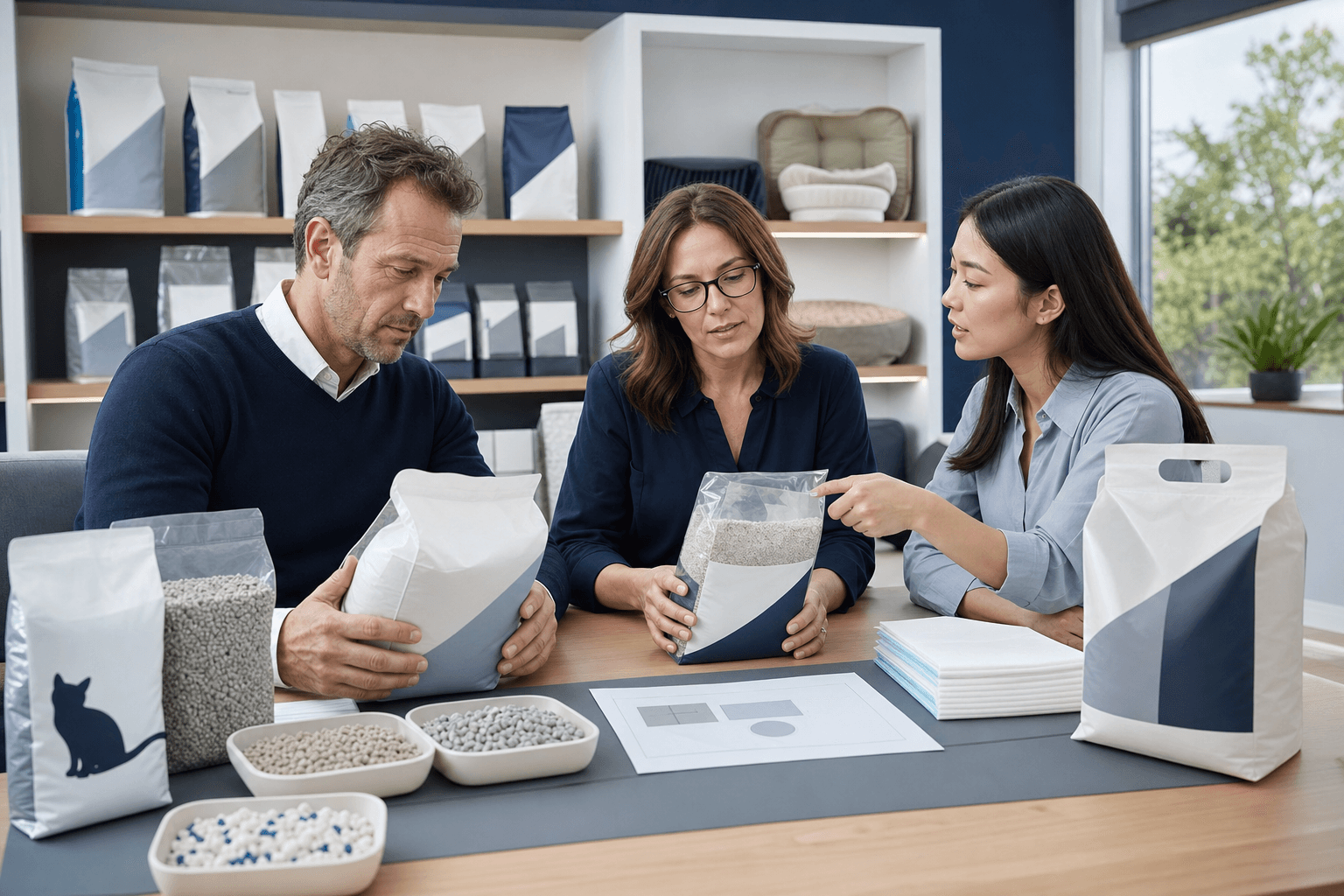 International buyers reviewing cat litter samples with a pet product supplier